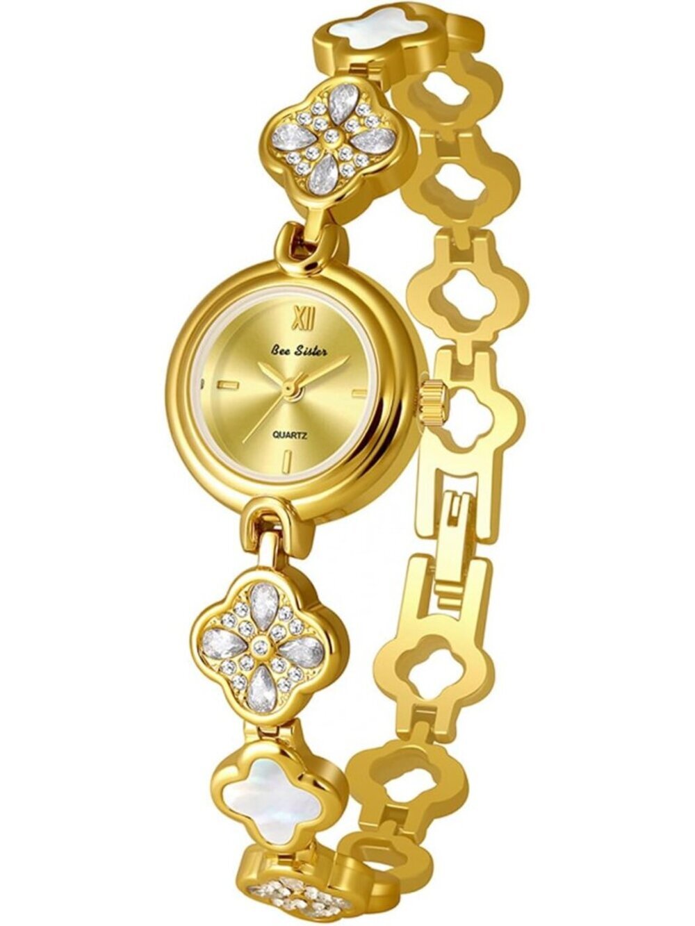 Women's Gold Analog Quartz Vintage Hollow Four Leaf Chain Bracelet Luxury Watch